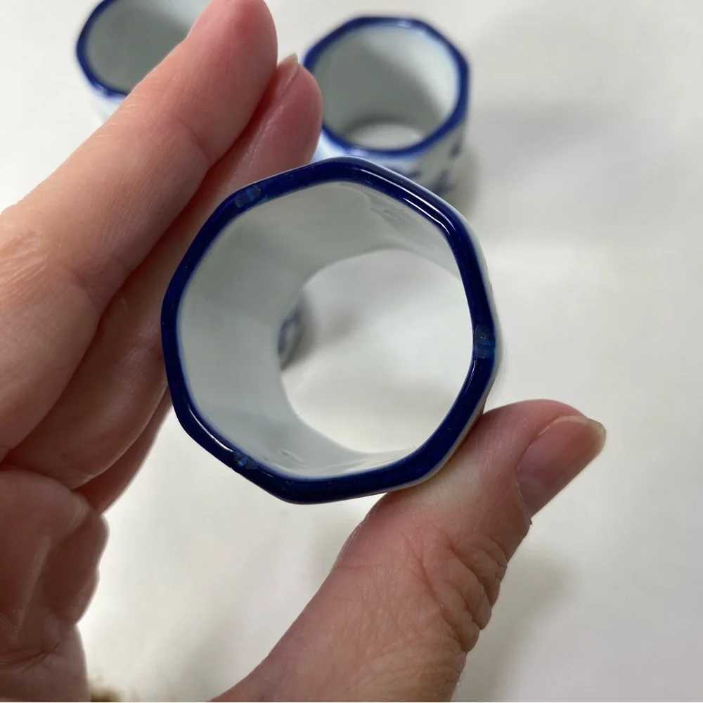 4x Pier 1 Mandarin Blue White Porcelain Napkin Ring Holders